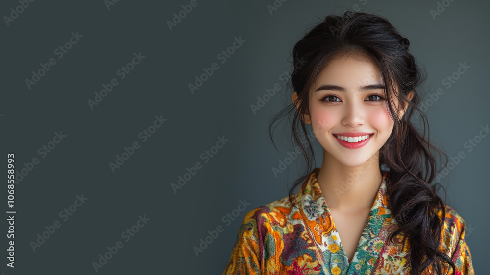 Japanese woman in traditional batik cloth isolated on gray copy space Japanese woman in traditional batik cloth isolated on gray copy space