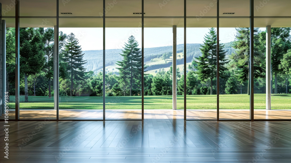 Naklejka premium Floor-to-ceiling glass windows overlooking lush greenery and hills
