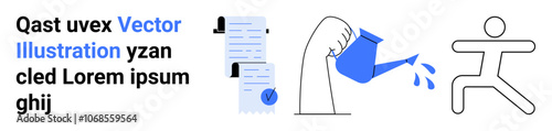 Diverse elements include documents with checkmarks, hand with watering can nurturing growth, and a running figure. Ideal for business strategies, project management, digital marketing, workflow