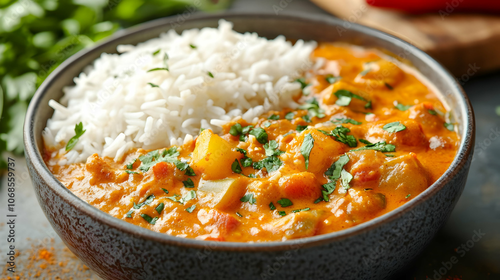 Photo Indian Curry Rice Bowl Potatoes Vegetables Dinner Cuisine Photo Indian Curry Rice Bowl Potatoes Vegetables Dinner Cuisine