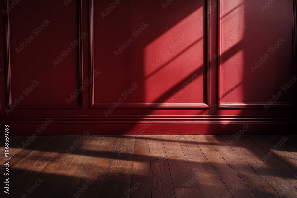 Elegant Red Wall with Wooden Floor and Sunlight Shadows