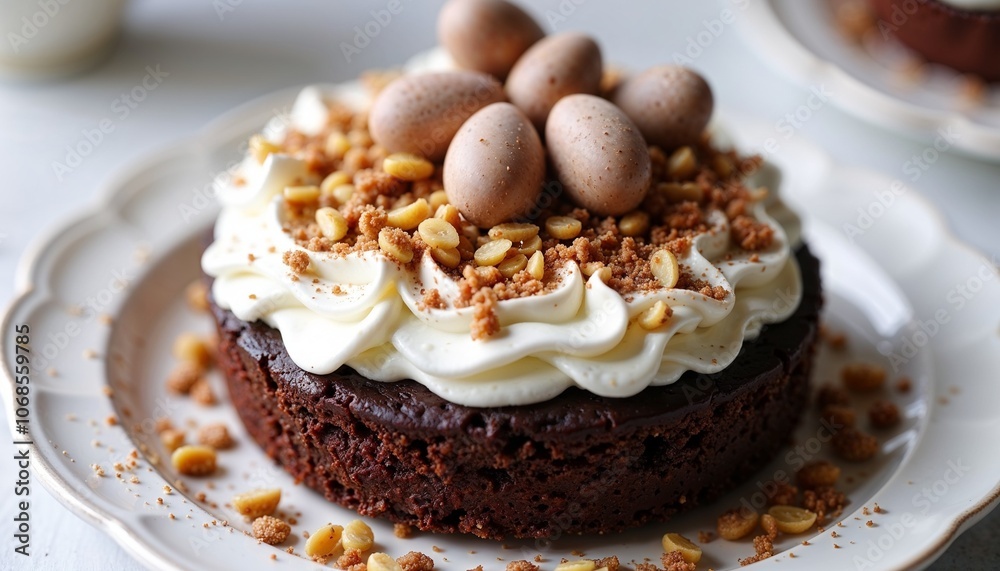 Chocolate Easter nest cake with whipped cream and nuts, topped with mini chocolate eggs Chocolate Easter nest cake with whipped cream and nuts, topped with mini chocolate eggs