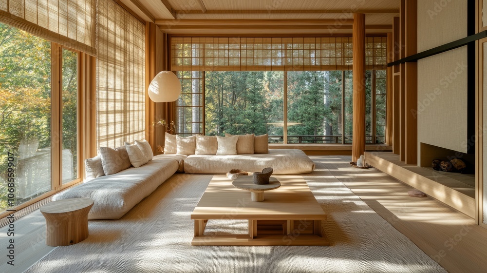 Elegant Japandi living room with light wood furniture, neutral textiles, and large windows for a serene, airy atmosphere Elegant Japandi living room with light wood furniture, neutral textiles, and large windows for a serene, airy atmosphere