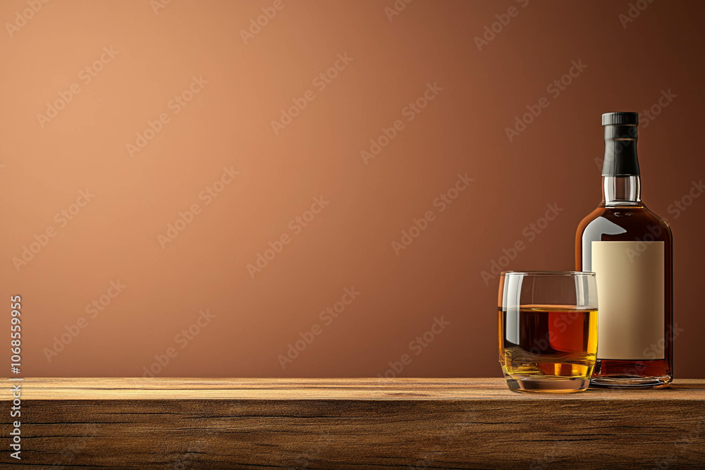 Whiskey Bottle and Glass on Wooden Surface Whiskey Bottle and Glass on Wooden Surface