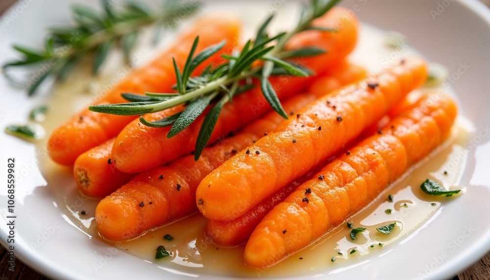 Sous-vide carrots with vibrant color and tender texture, plated with a drizzle of honey and fresh rosemary Sous-vide carrots with vibrant color and tender texture, plated with a drizzle of honey and fresh rosemary