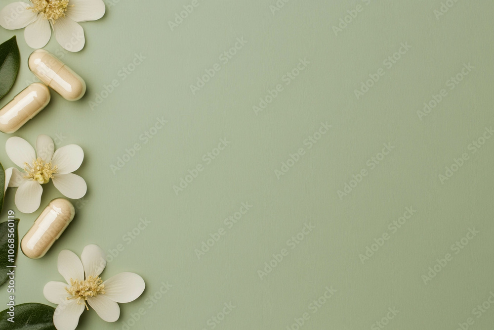 Natural Wellness Flat Lay with Capsules and Flowers Natural Wellness Flat Lay with Capsules and Flowers