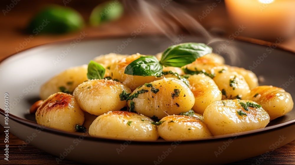 A mouth-watering dish of perfectly seared gnocchi is garnished with fresh basil leaves, exuding an inviting aroma and visual appeal, served on a ceramic plate. A mouth-watering dish of perfectly seared gnocchi is garnished with fresh basil leaves, exuding an inviting aroma and visual appeal, served on a ceramic plate.