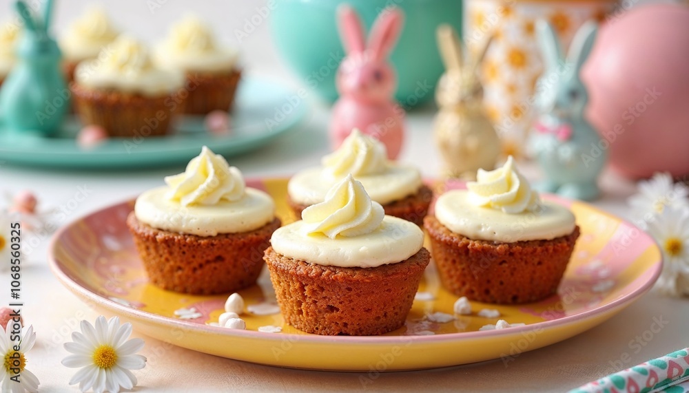 Mini carrot cake muffins with cream cheese frosting on a bright tray, decorated with bunny figurines for Easter brunch Mini carrot cake muffins with cream cheese frosting on a bright tray, decorated with bunny figurines for Easter brunch