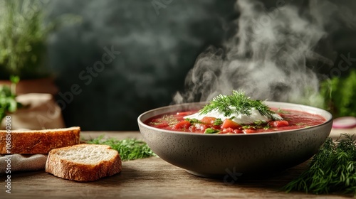 A steaming bowl of homemade vegetable soup, richly garnished with dill and sour cream paired with fresh bread, offering a comforting home-cooked dining experience.