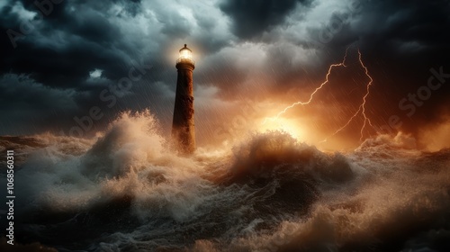 A solitary lighthouse stands resilient amidst a ferocious storm, with massive waves crashing and lightning illuminating the tumultuous sky, showcasing nature's fury.