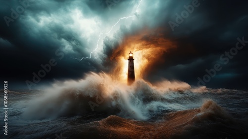 A lighthouse standing resolute amidst a violent storm, with crashing waves and dramatic lightning illuminating the sky, symbolizing strength and perseverance against the odds. photo