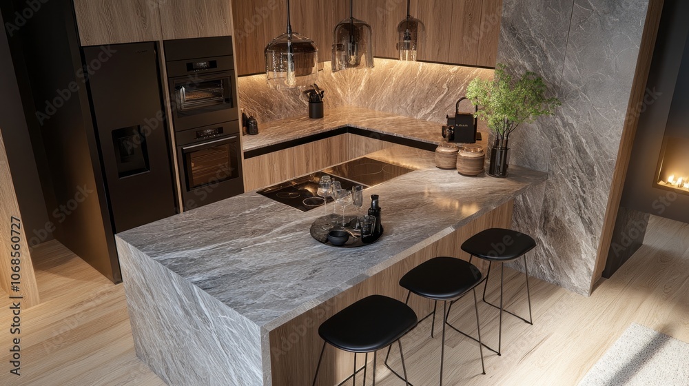 Modern Kitchen Island with Marble Countertop and Stools Modern Kitchen Island with Marble Countertop and Stools