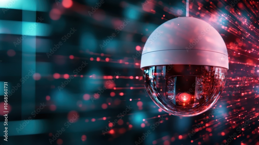 A high-tech security camera displays red alerts as it monitors a futuristic environment, highlighting the intersection of technology and security in surveillance. A high-tech security camera displays red alerts as it monitors a futuristic environment, highlighting the intersection of technology and security in surveillance.