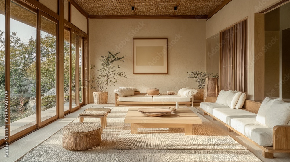 Japandi-style living room with soft natural light, minimal wooden furniture, and neutral tones, creating a warm and serene atmosphere Japandi-style living room with soft natural light, minimal wooden furniture, and neutral tones, creating a warm and serene atmosphere