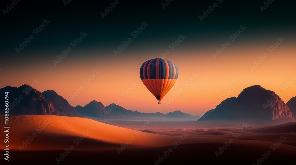 Obraz premium Hot Air Balloon Drifting Over Majestic Desert Sand Dunes During Sunrise