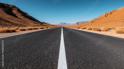 Empty asphalt road with white line running through a desert landscape, surrounded by dry hills and clear blue sky, conveying sense of solitude and travel adventure.