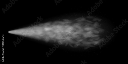Spray jet overlay from nozzle or water gun with smoke or mist clouds on black background. Vector transparent effect of particles motion. Haze or fog spread. Perfume or hairspray squeeze