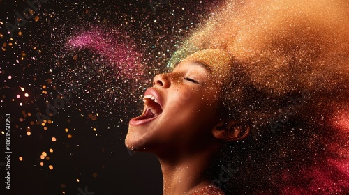 A person with an afro hairstyle experiences sheer joy as colorful sparkles and hues envelop them, creating a captivating and radiant scene filled with happiness.