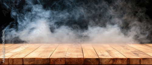 Eerie Foggy Atmosphere, a haunting blend of smoke and mist enveloping a rustic wooden table, perfect for a mysterious Halloween setting