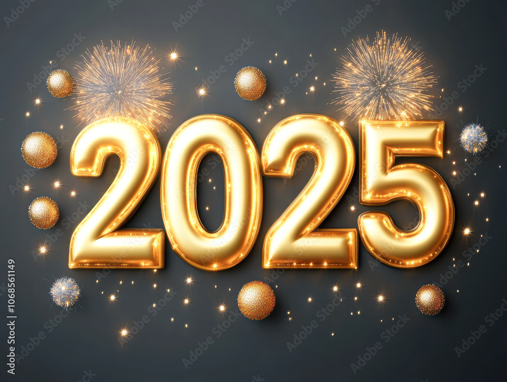 A gold and silver number twenty five sign with fireworks and stars A gold and silver number twenty five sign with fireworks and stars