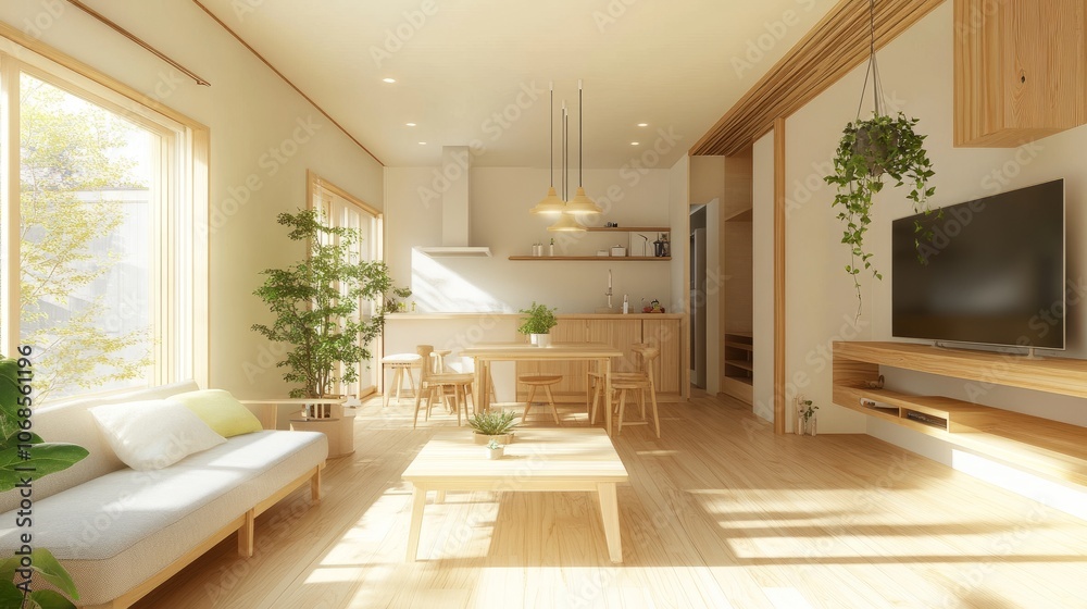 Modern Japandi-style living room with open layout, light wood accents, green plants, and neutral tones for a calming aesthetic Modern Japandi-style living room with open layout, light wood accents, green plants, and neutral tones for a calming aesthetic