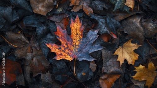 Colorful Maple Leaf Among Dark Autumn Leaves