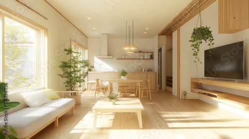 Modern Japandi-style living room with open layout, light wood accents, green plants, and neutral tones for a calming aesthetic