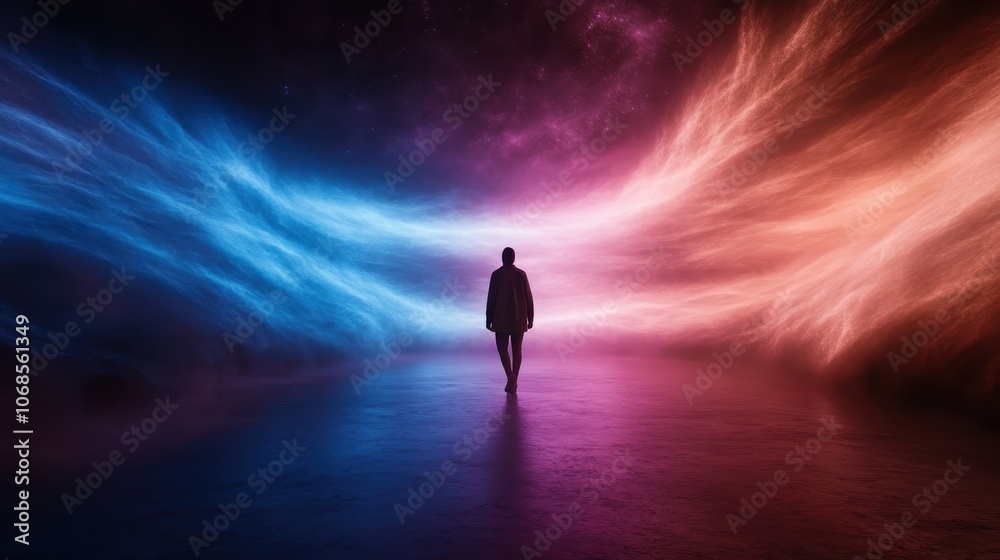 A lone figure stands between radiant waves of blue and red, symbolizing a journey or transition amid a cosmic, ethereal setting with dramatic lighting. A lone figure stands between radiant waves of blue and red, symbolizing a journey or transition amid a cosmic, ethereal setting with dramatic lighting.