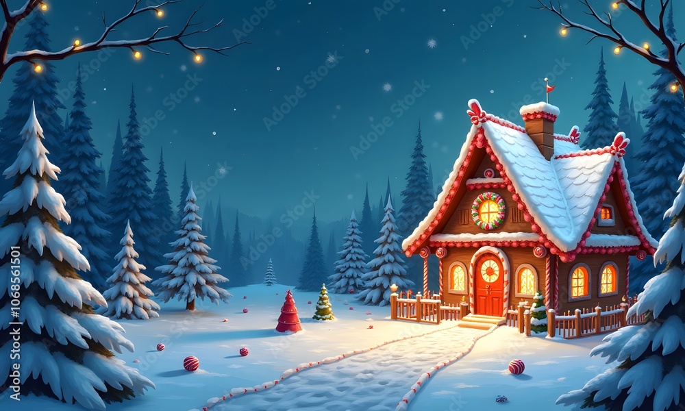 Gingerbread House with Christmas Lights in Snowy Winter Forest at Night Gingerbread House with Christmas Lights in Snowy Winter Forest at Night