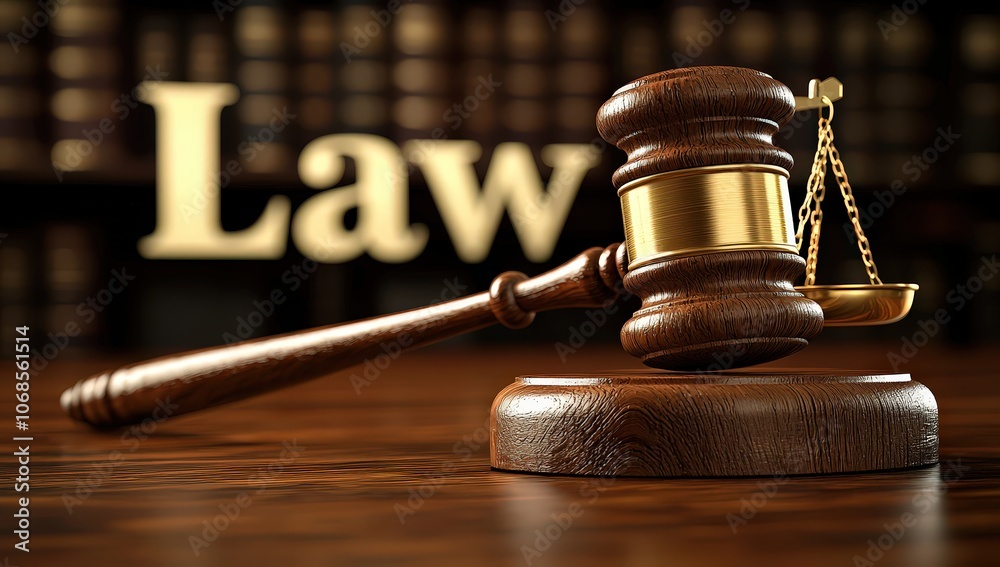 A wooden gavel and scales of justice on a table with A wooden gavel and scales of justice on a table with