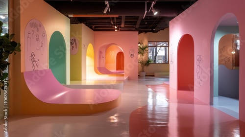 A vibrant corridor filled with abstract art work and colorful arches, inviting viewers into an immersive artistic journey filled with joy and creativity. photo