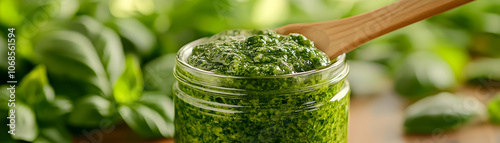 Photo Fresh Pesto Sauce Basil Jar Wooden Spoon