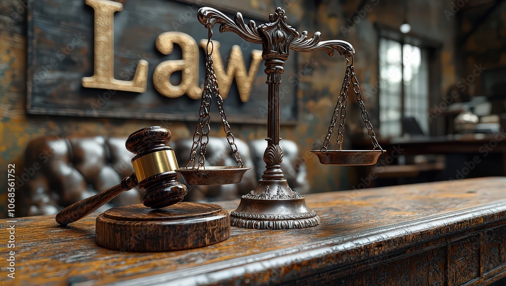 A wooden gavel and scales of justice on the desk in front of a wall with a A wooden gavel and scales of justice on the desk in front of a wall with a