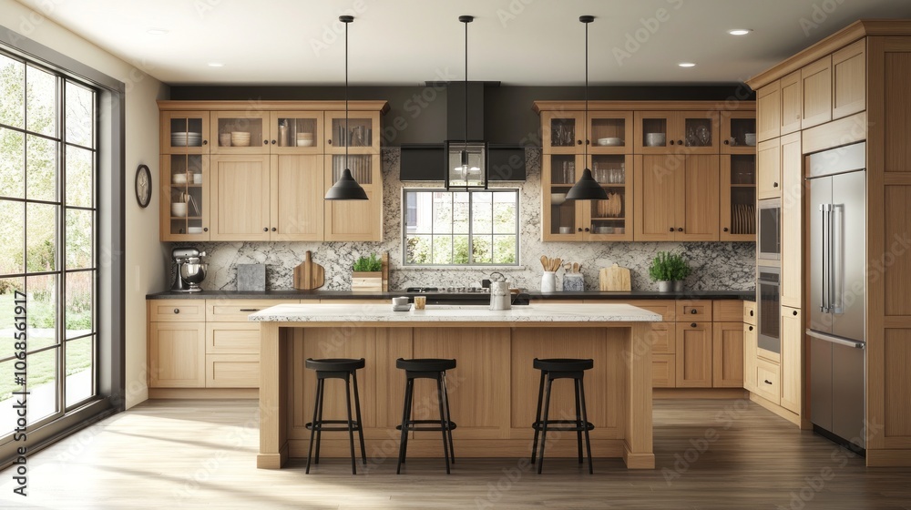 Modern Kitchen Interior with Island, Oak Cabinets and Black Stools Modern Kitchen Interior with Island, Oak Cabinets and Black Stools
