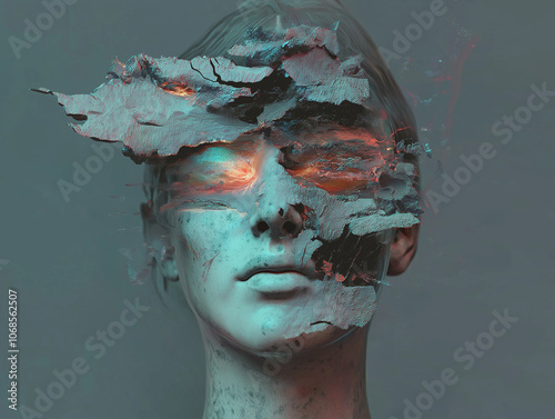 A woman's face is shown in a distorted way, with a lot of texture and detail. The image has a surreal and dreamlike quality to it, as if the woman's face has been ripped apart and reassembled in a new photo