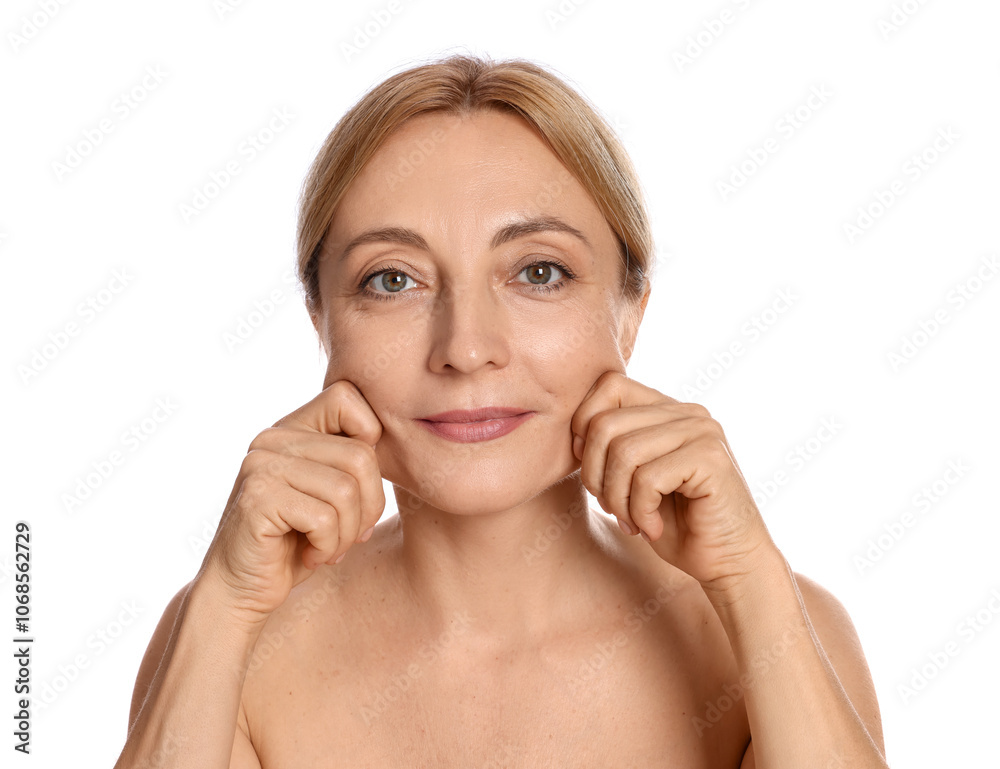 Beautiful woman doing facial self massage on white background Beautiful woman doing facial self massage on white background
