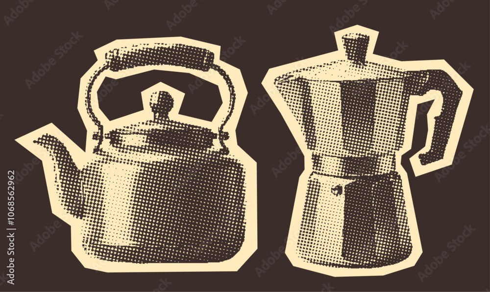 moka pot and a teapot, vintage halftone photocopy effect illustration