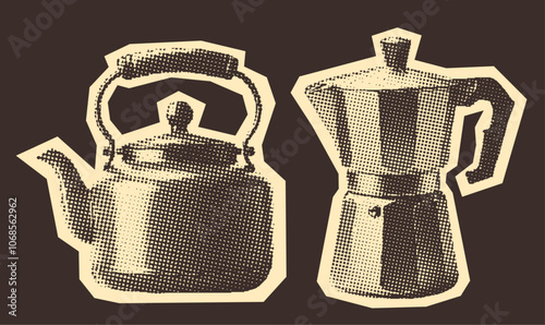moka pot and a teapot, vintage halftone photocopy effect illustration