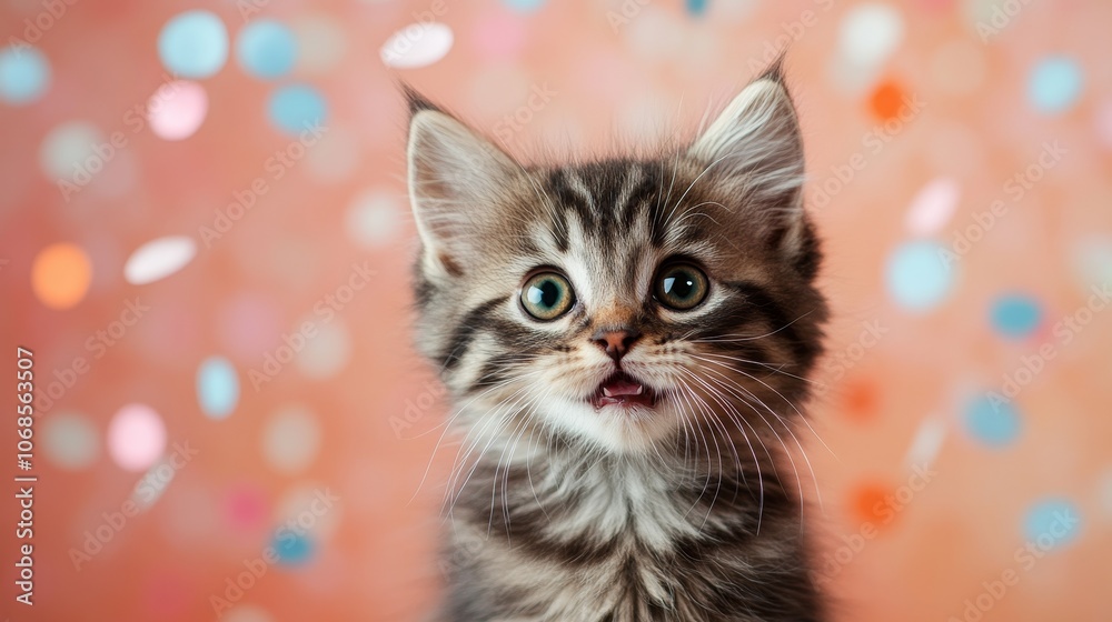 Fototapeta premium fluffy grey tabby kitten on background with confetti