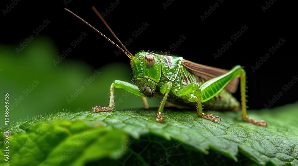 A beautifully captured grasshopper sits gracefully on lush green foliage, embodying the elegance and vivid colors of natural ecosystems.