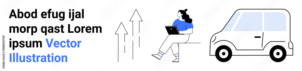 Woman working on a laptop, arrows depicting growth, car beside her, placeholder text suggesting design context. Ideal for business concepts, remote work, progress, technology, mobility