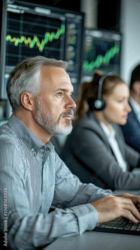 Focused professional working with data on multiple screens. Focused professional working with data on multiple screens.