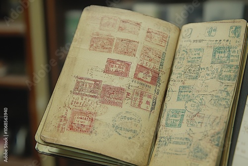 Open passport filled with colorful stamps and visa marks on aged pages. photo