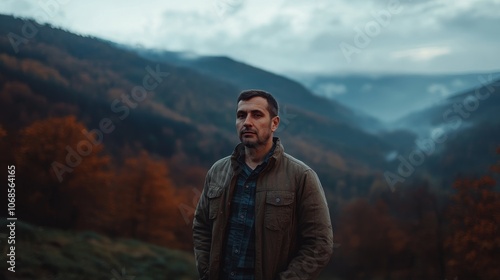 Contemplative Serbian Man in Enchanting Mountain Setting with Soft Lighting