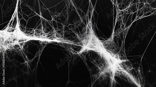 Close up of white spider web against black background. Macro photography of intricate cobweb detail.