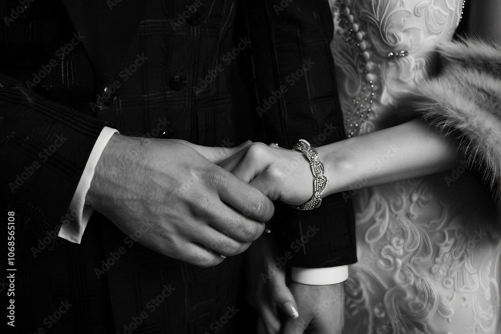 Naklejka premium Romantic Wedding Day Portrait of Loving Couple Embracing Floral Bouquets decorated place church, Generative AI