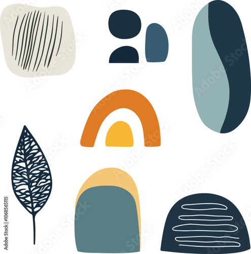 Minimalist Boho Geometric Shapes and Abstract Nature Elements – Modern Hand-Drawn Organic Vector Set in Earth Tones for Aesthetic Decor, Botanical Icons