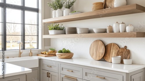 Kitchen Countertop with Floating Shelves and Decorated with Plants, Dishes, and Cutting Boards