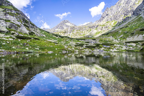 Fototapeta Naklejka Na Ścianę i Meble -  Mountain landscape in the Western Carpathians. Pond Lake Pleso nad Skokom in Mlynicka Valley, Vysoke Tatry High Tatras, Slovakia
