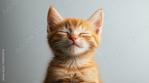 funny ginger tabby kitten with closed eyes on light background